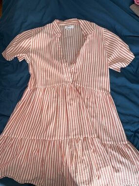 Striped V-Neck Tiered Mini Dress - Coral & White